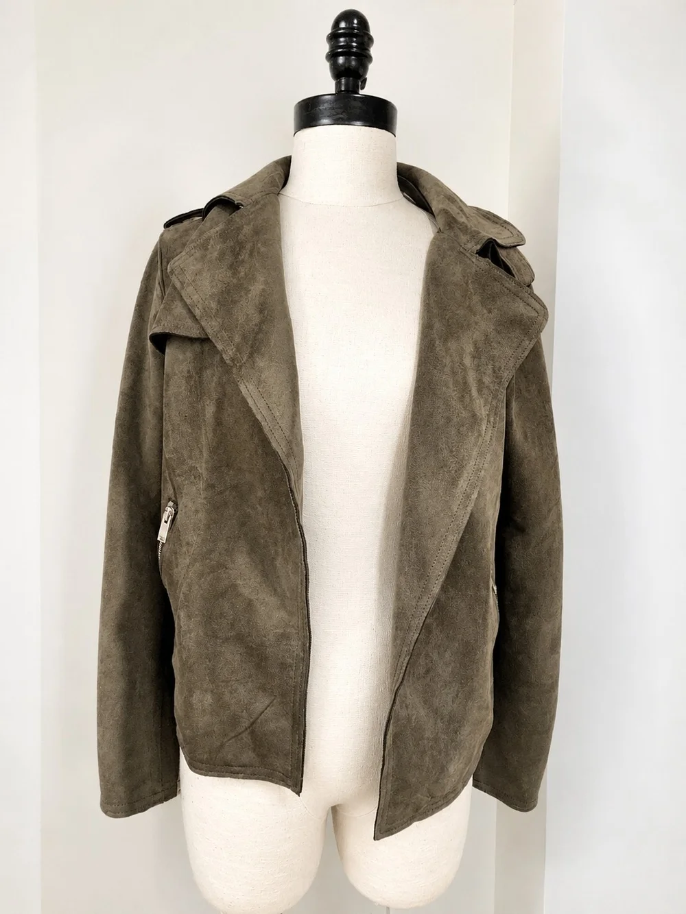 Tahari Women's Faux Suede Moto Jacket Olive Moss